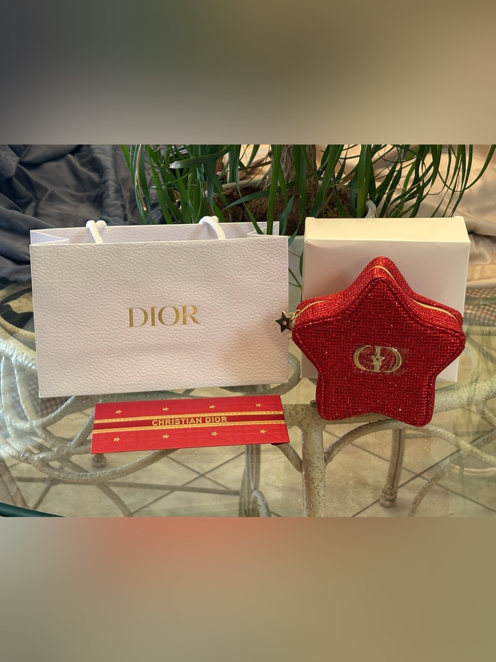 Dior Red Star-Shaped Mini Pouch with Gold Logo